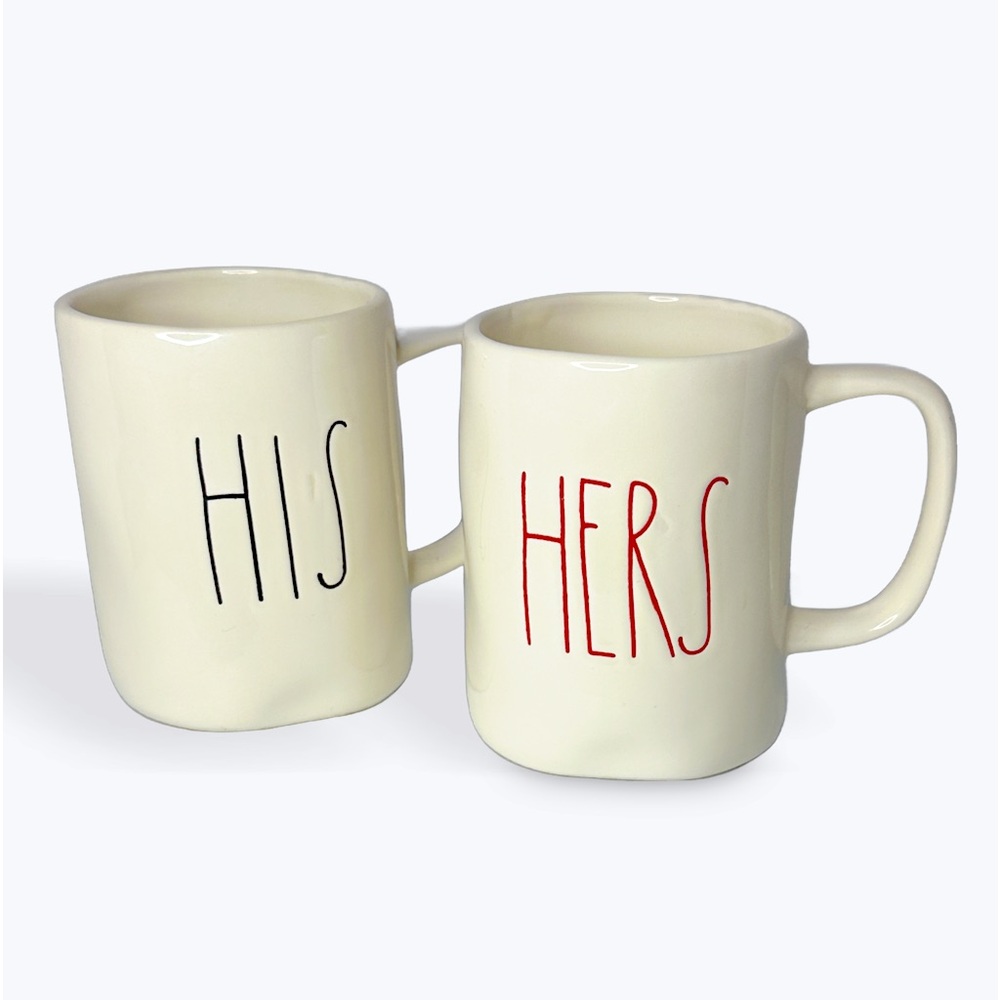 HIS & HERS RAE DUNN set of 2 White Ceramic Coffee Tea Mugs Cups